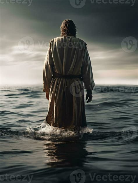 Back View Of Jesus Christ Walking On Water Ai Generated Stock