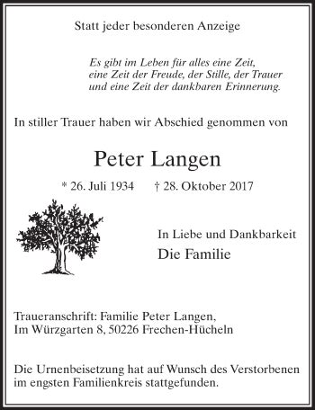 Traueranzeigen Von Peter Langen WirTrauern