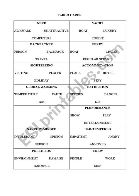 Taboo Cards Esl Worksheet By Katierina