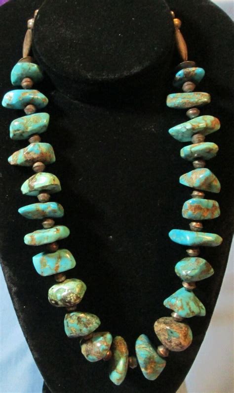 Genuine Turquoise Nugget Silver Necklace Antique Gem