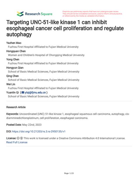 PDF Targeting UNC 51 Like Kinase 1 Can Inhibit Esophageal Cancer Cell