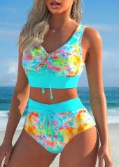 Rotita Ruched Cyan Tie Dye Print Bikini Set Rotita Usd