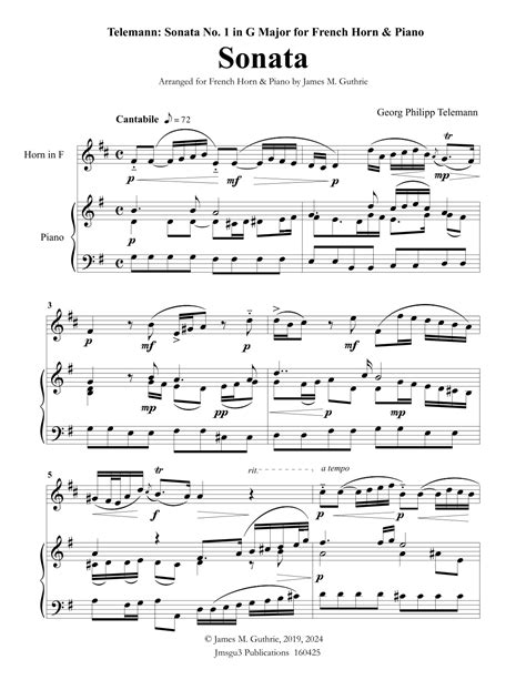 Telemann Sonata In G Major For French Horn Piano Arr James M