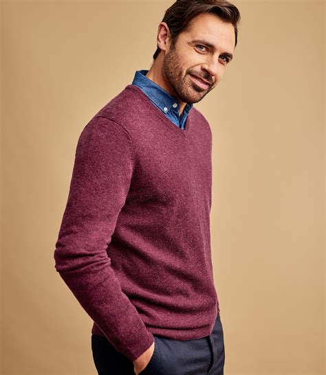 Raspberry Marl Mens Cashmere Merino V Neck Knitted Sweater