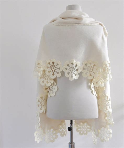 Handmade Fleece Shawl With Crocheted Flower Motifs Wedding Shawl Bridal