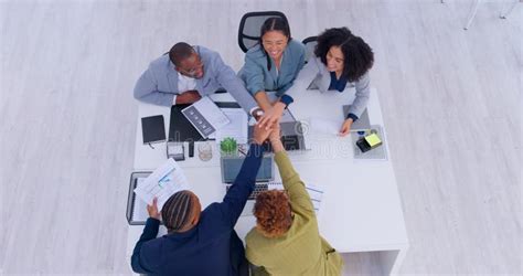 Teamwork Success And Stack With Business People In Meeting From Above