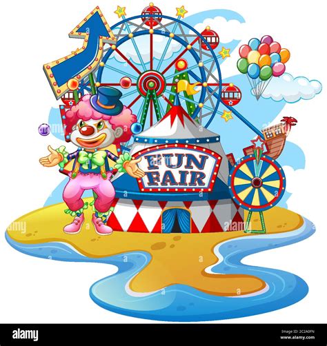 Scene With Funny Clown At Fun Fair On White Background Illustration