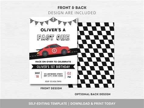 Editable Race Car Birthday Invitation Fast One Invitation Etsy New