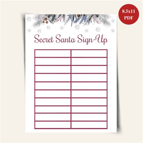 Printable Secret Santa Sign Up Sheet Christmas Gift Exchange Etsy Israel