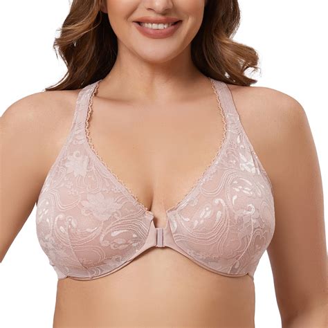 Meleneca Women S Plus Size Racerback Unlined Lace Underwire Front Closure Bra Beige 46e