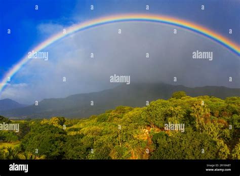 Aerial Panoramic Of Le Pouce Mountain With A Rainbow Moka Range Port