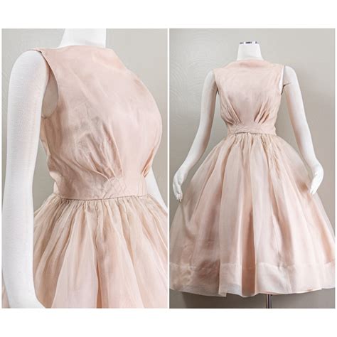 Flirty 50s 60s Pinky Nude Silk Organsza Party Dress Cowl Neakine Full Circle Skirt Attached