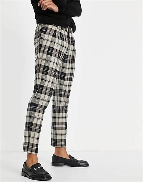 River Island Tapered Pleated Pants In Ecru Plaid Asos