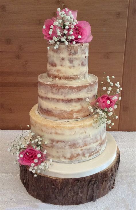 Tier Semi Naked Wedding Cake With Fresh Roses And Gypsophilia