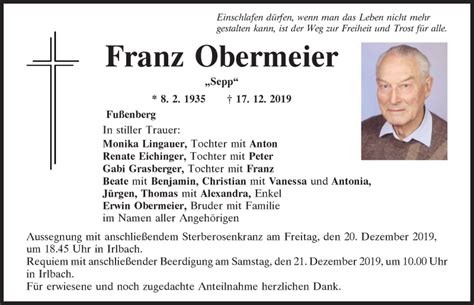 Traueranzeigen Von Franz Obermeier Mittelbayerische Trauer