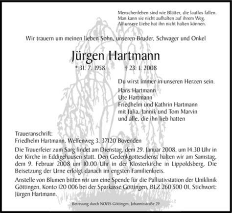 Traueranzeigen Von J Rgen Hartmann Trauer Hna De