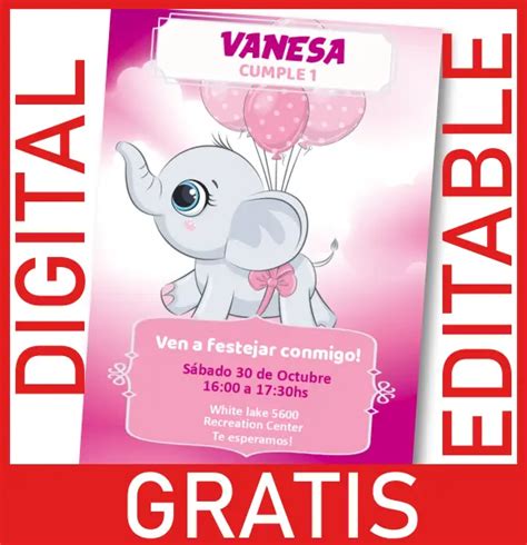 GRATIS Invitación Elefante Rosa Editable y Personalizable WHATSAPP