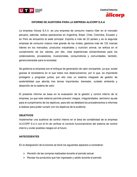 Trabajo Final Control Interno Informe De Auditoria Para La Empresa