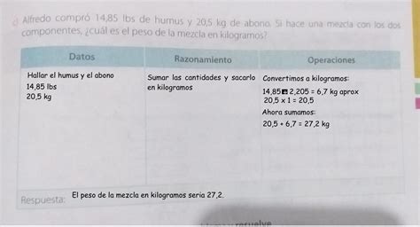 Alfredo compró 14 85 lbs de humus y 20 5 kg de abono Si hace una