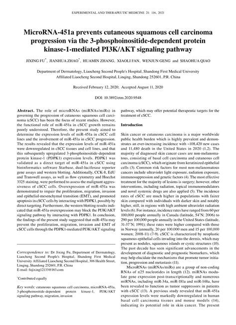 Microrna‑451a Prevents Cutaneous Squamous Cell Carcinoma Progression