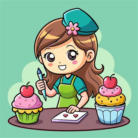 Desenho Vetorial De Desenhos Animados De Baking Girl Vetor Premium