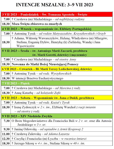 Intencje Mszalne W Parafii W Jakuba Aposto A W Cz Stochowie W Dniach