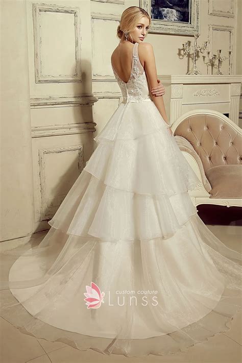 Beaded Lace Ruffled Tiered Organza Wedding Ball Gown Lunss