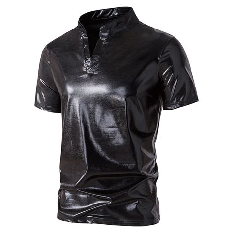 Mens Summer Shirts Metallic Shiny Wet Tunic Tops Patent Leather Hip Hop