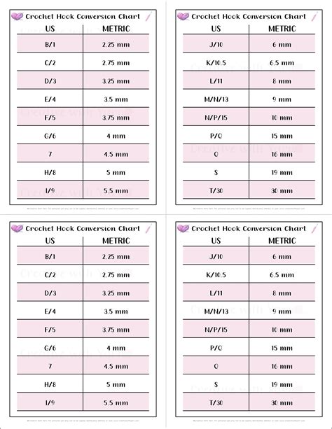 Crochet Hook Conversion Chart Printable Crochet Hook Conversion Chart Printable Crochet Hook