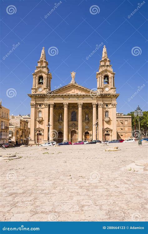 Facade Of The Church Of St Publius Near The Center Of Valletta Malta Stock Image Image Of