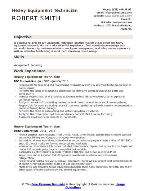 Heavy Equipment Technician Resume Samples | QwikResume