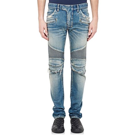 Balmain Distressed Stretch Denim Moto Jeans In Blue For Men Lyst