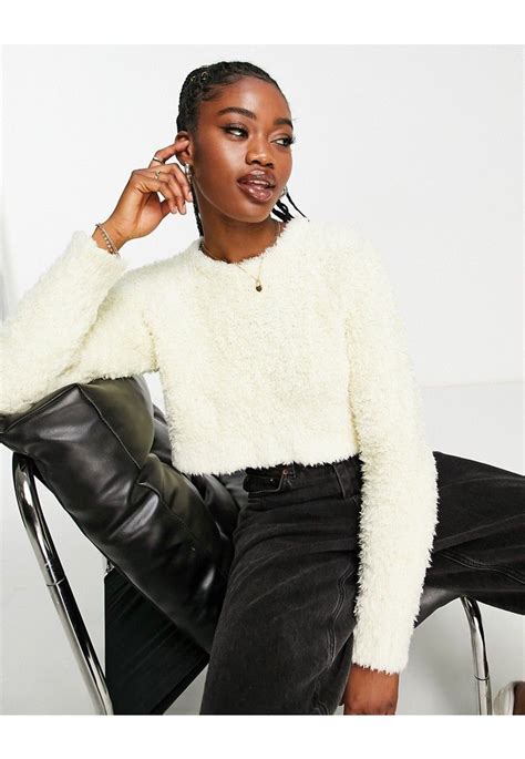 Asos Design Crop Jumper In Fluffy Yarn In Cream White