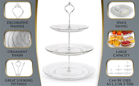 Nyxi 3 Tier Cake Stand Afternoon Tea Serving Plate Embossed Glass Cake