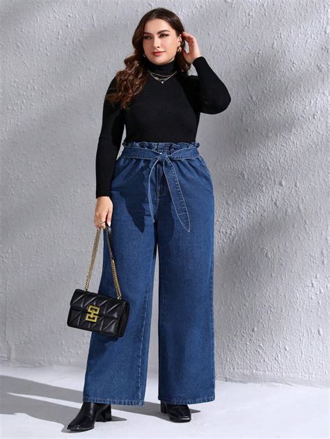 Emery Rose Plus Paperbag Waist Belted Wide Leg Jeans Shein Usa