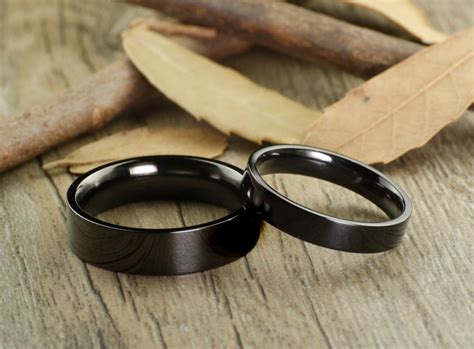 Handmade Black Flat Plain Matching Wedding Bands Couple Rings Etsy