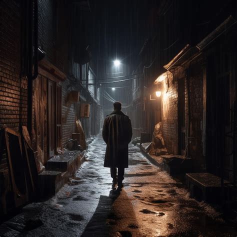 Premium Photo A Man Walking Down A Dark Alley With A Light On The