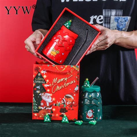 Taza De Cer Mica Con Forma De Rbol De Navidad Con Tapa Pajita Taza