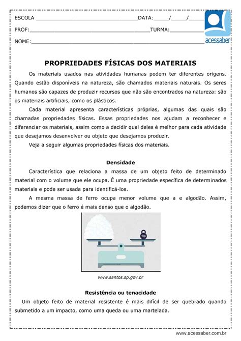 Atividade Sobre Propriedades F Sicas Dos Materiais Ano Revoeduca