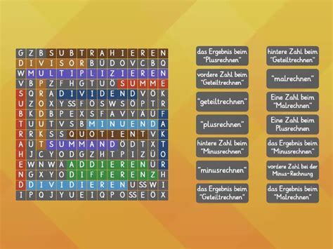 Addition Subtraktion Multiplikation Division Fachbegriffe Sopa