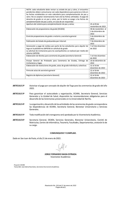 Cronograma de actividades de las Ceremonias de Grado para el año 2022