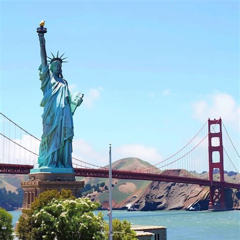 Iconic Fusion Statue Of Liberty With Golden Gate Bridge In The