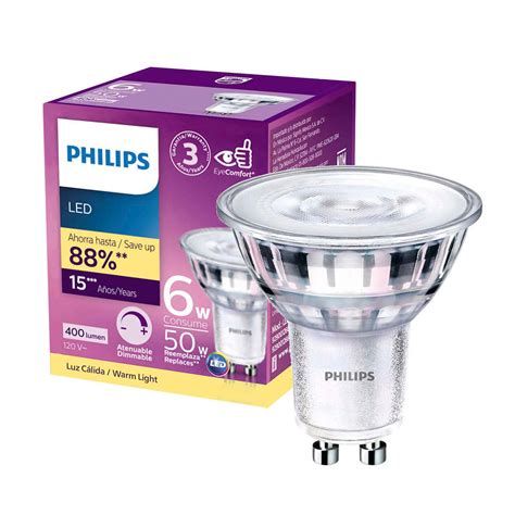 Foco Philips Led Spot Mr16 Atenuable 6 Watts Luz CÁlida Base Gu10