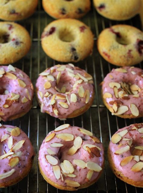 Baked Cherry Doughnuts With A Cherry Glaze And Toasted Almonds