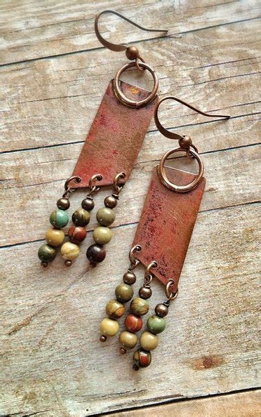 Geometric Boho Copper Earrings With Natural Stone Dangles Rustica Jewelry