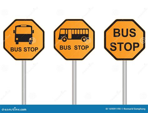 Bus Stop Sign Set Yellow Sign Isolated Road Warning Stock