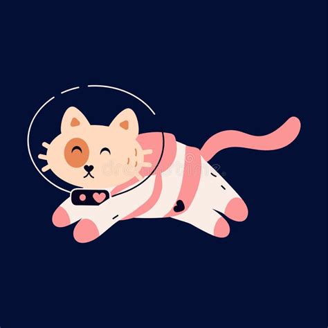 Space Cat Cute Funny Kitty In Space Suit Isolated On Dark Blue