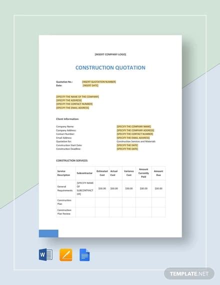 Free Construction Quotation Templates Ai Psd Google Docs