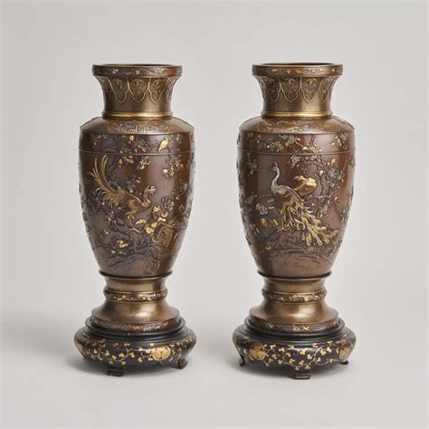 A Pair Of Japanese Meiji Period Multi Metal Bronze Vases Signed