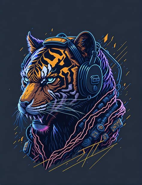 Ilustración de graffiti colorido de un tigre como dj usando auriculares